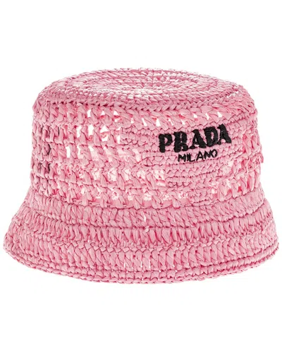 Prada Embroidered-logo Raffia Bucket Hat In Pink