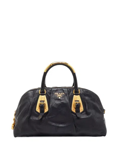 Pre-owned Prada Buckle Bauletto Calf Leather Satchel Bag In Black