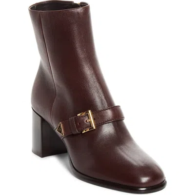 Prada Buckle Block Heel Bootie In Burgundy