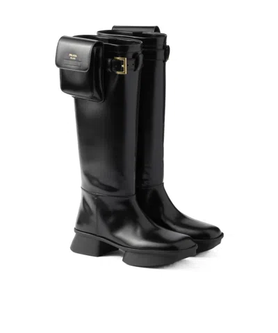 Prada Brushed Leather Boots With Pouch In Black
