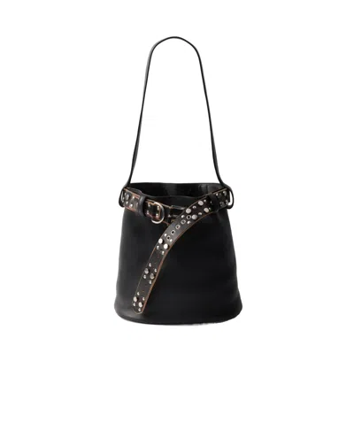 PRADA PRADA BUCKLE LEATHER BUCKET BAG WITH STUDDED BELT