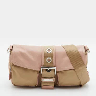 Pre-owned Prada Buckle Cargo Pocket Beige/pink Leather And Nylon Crossbody Bag