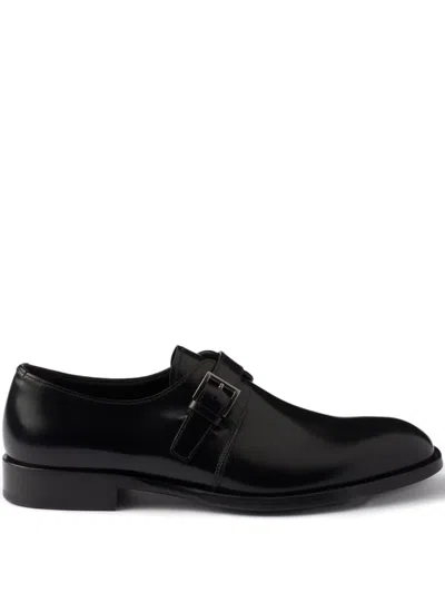 Prada Buckle-detail Leather Monk Shoes In Black