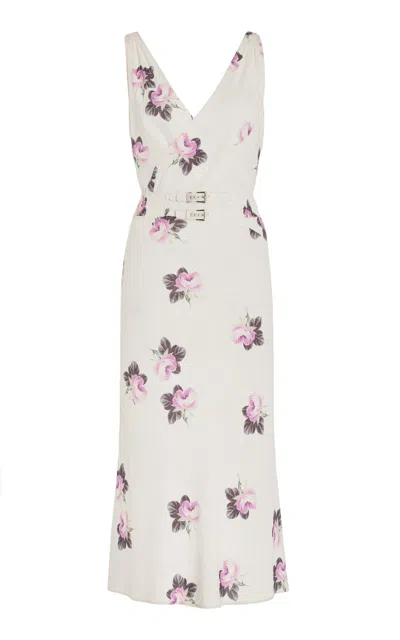 PRADA BUCKLE-DETAILED FLORAL CREPE MIDI DRESS