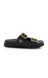 PRADA BUCKLE-DETAILED LEATHER SLIP-ON SANDALS