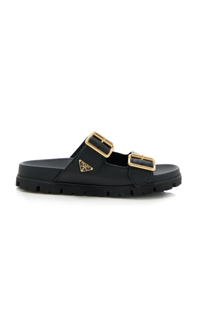 Prada Buckle-detailed Leather Slip-on Sandals In Black