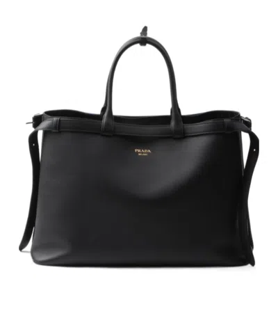 Prada Buckle Leather Handbag With Double Belt In Black