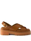 Prada Leather Crossover Platform Sandals 55 In Brown