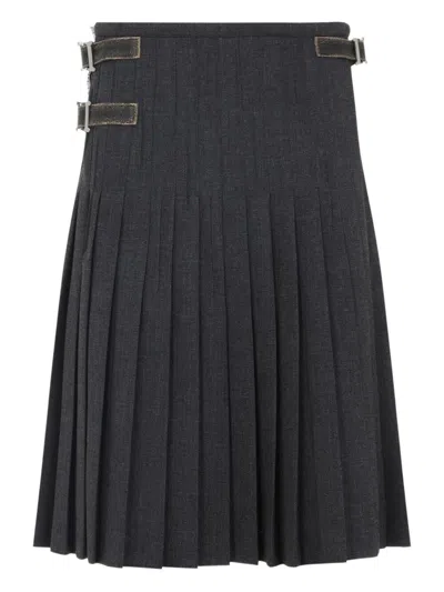 Prada Buckle-fastening Pleated Wool Midi Skirt In Gray