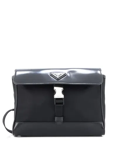 Pre-owned Prada Buckle Flap Re-nylon And Leather Small Crossbody Bag In Black