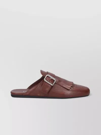 Prada Buckle Fringe Round Toe Flat Mules