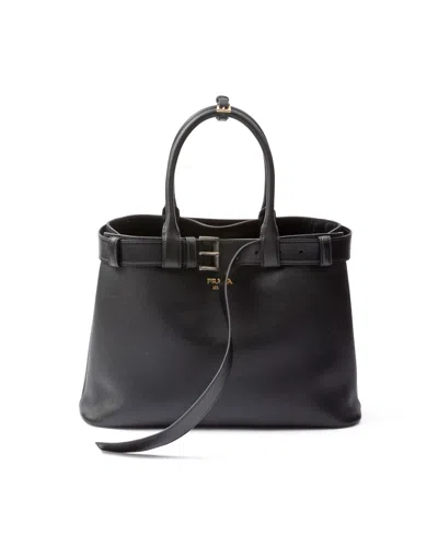 Prada Grosse  Buckle Handtasche Aus Leder Mit Gürtel In Black