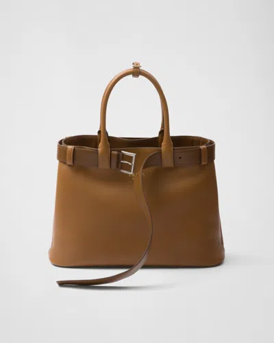 Prada Buckle Large Leather Handbag With Belt In Caramel
