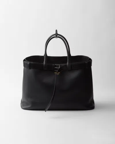 Prada Buckle Leather Bag With Belt In Black