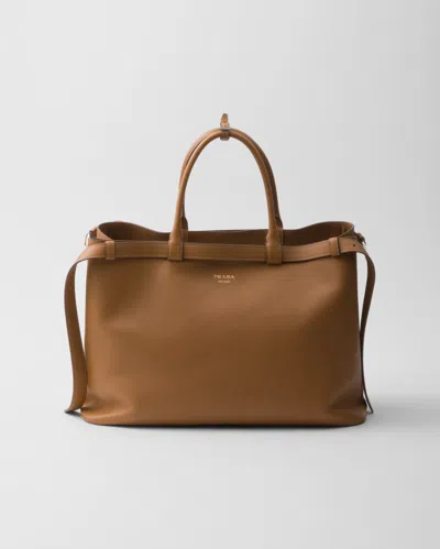 Prada Buckle Leather Handbag With Double Belt In Caramel