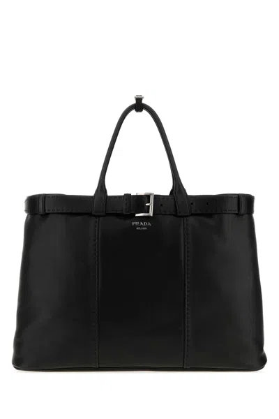 Prada Buckle Leather Large Handbag In Black