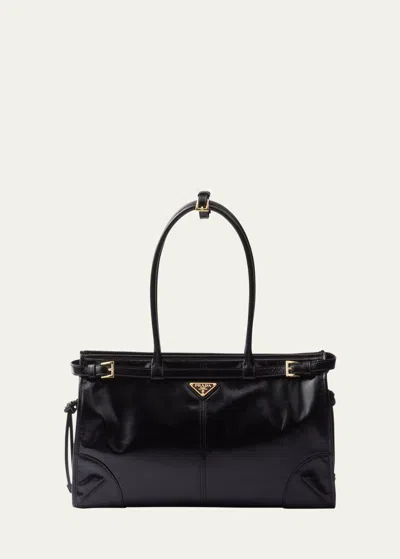 PRADA LARGE BUCKLE LEATHER SHOULDER BAG