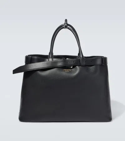 Prada Buckle Leather Handbag With Double Belt In Black