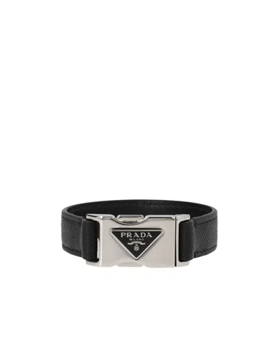 Prada Buckle Logo-plaque Bracelet In Black