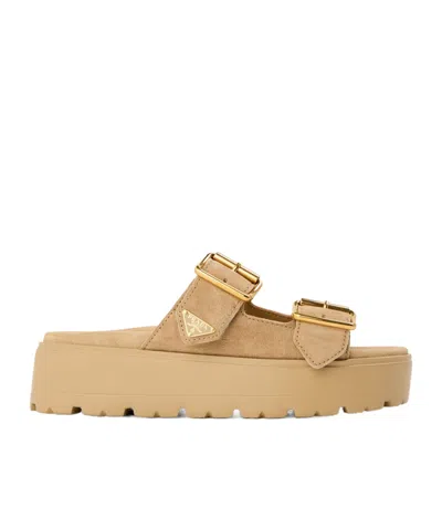 Prada Buckle Logo Slippers In Neutral