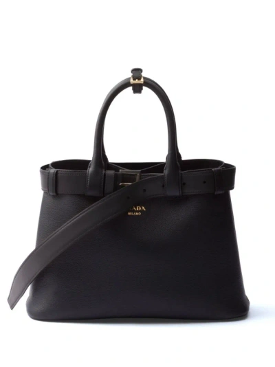 Prada Buckle Medium Leather Handbag In Black