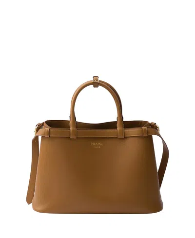 Prada Buckle Medium Leather Handbag With Double Belt In Caramel