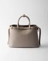 Prada Buckle Medium Leather Handbag With Double Belt In Pumice Stone