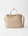 Prada Buckle Medium Leather Handbag With Double Belt In Neutral