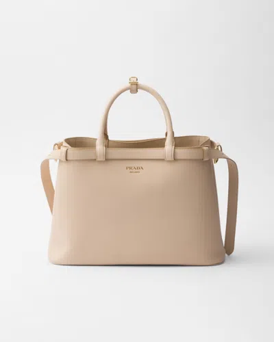 Prada Buckle Medium Leather Handbag With Double Belt In Neutral
