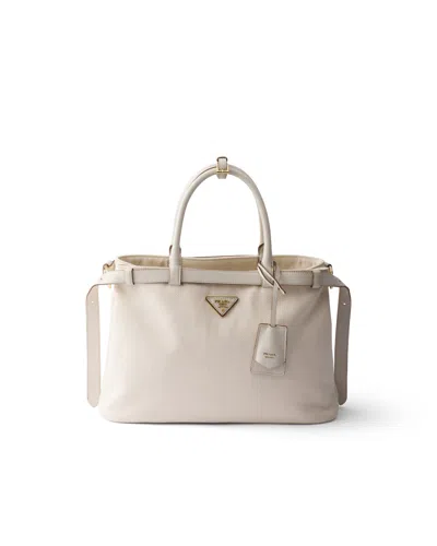 Prada Buckle Mittelgrosse Tasche Aus Baumwollcanvas Und Leder In White