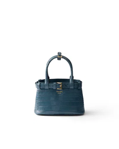 Prada Buckle Small Crocodile Leather Handbag In Blue