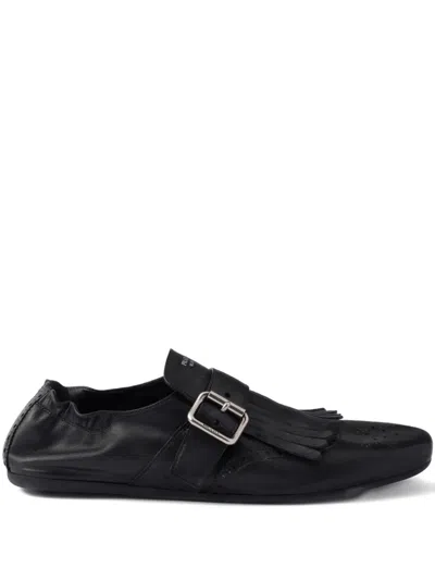 Prada Buckle-strap Fringe-detail Leather Loafers In Black