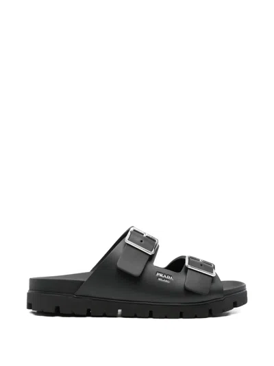 Prada Flat Sandals Double Strap Buckle Design In Black