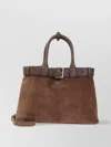 Prada Buckle Strap Tote Bag With Suede Finish In Brown