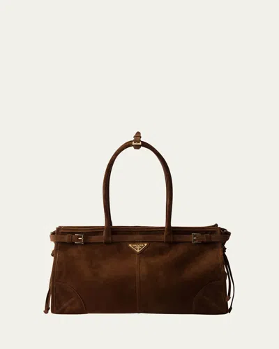 Prada Buckle Suede Top-handle Bag In Brown