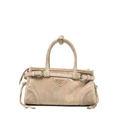 Prada Buckle Suede Tote Bag In Neutral