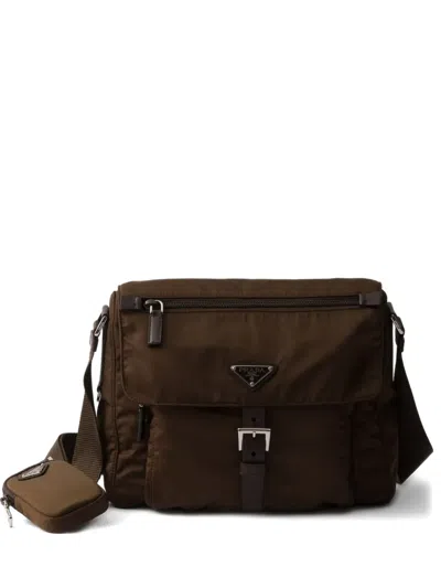 Prada Buckle Zipper Pockets Cross Body Bag In Brown