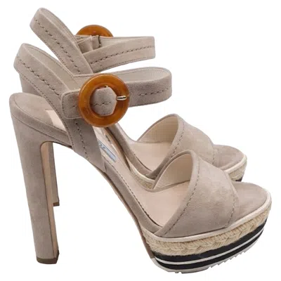 Prada Buckled Ankle Strap Platform Sandals In Beige Suede In Animal Print
