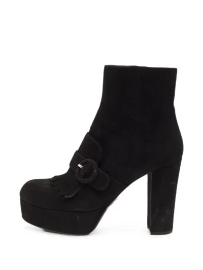 Pre-owned Prada Buckled Fringe Ankle Boots In Black
