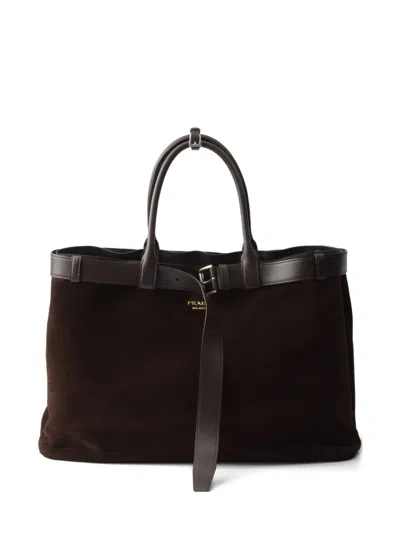 Prada Buckled Suede Tote Bag In Black