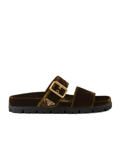 Prada Triangle Logo Velvet Flat Sandals In Black