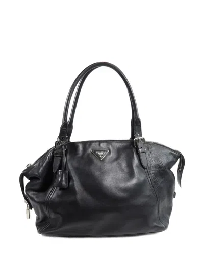 Pre-owned Prada Buckle-detail Leather Tote Bag In Black