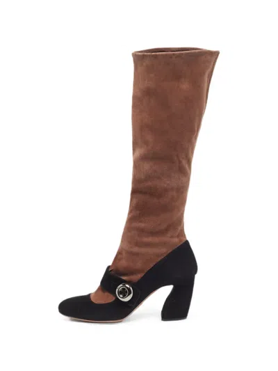 Pre-owned Prada Buckle-detail Suede Knee-length Boots In Brown