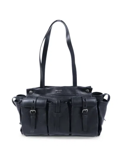 Pre-owned Prada Buckled-pocket Leather Shoulder Bag In Black
