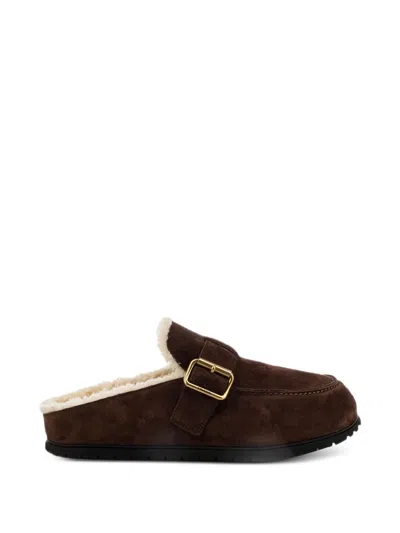 Prada Buckle-fastening Shearling-lined Mules In Brown