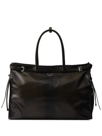 Prada Buckles Strap Leather Tote Bag In Brown