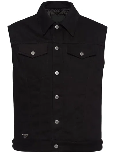 Prada Bull Button-up Denim Gilet In Black