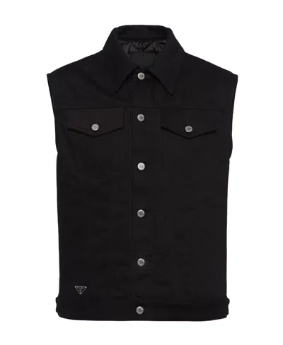 Prada Bull Button-up Denim Gilet In Black