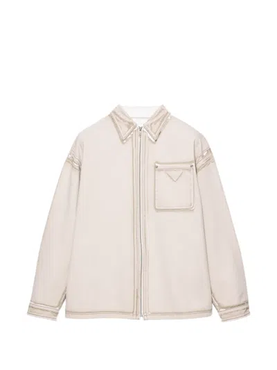 Prada Bull Denim Zipper Shirt In Neutral
