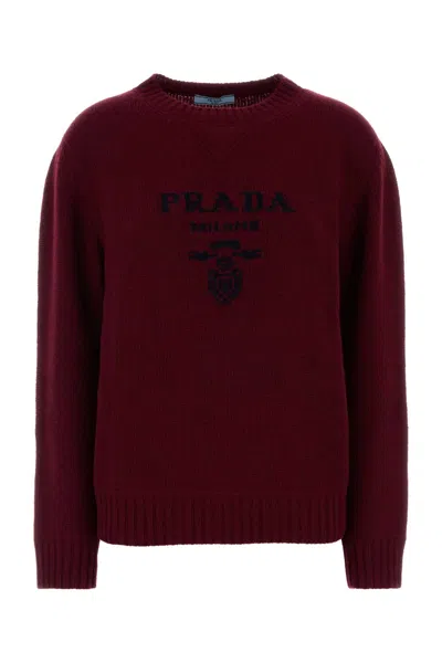 Prada Wool And Cashmere Sweater With Logo In Burgundy
